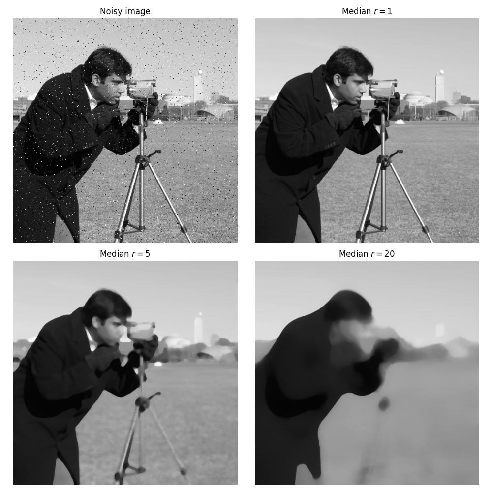 Noisy image, Median $r=1$, Median $r=5$, Median $r=20$