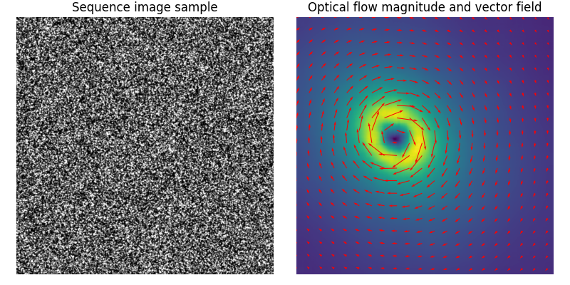 Sequence image sample, Optical flow magnitude and vector field